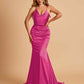 Sexy Satin Mermaid Prom Dresses Spaghetti Straps V-neck Pleats Floor Length