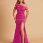 Unique Satin Mermaid Prom Dresses With Off Shoulder Straps Side Slit Floor Length