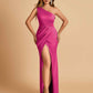 Satin One-shoulder Bridesmaid Dresses Sheath Side Slit Sleeveless Floor Length