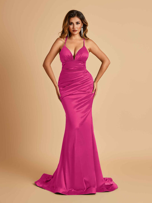 Satin Mermaid Open-back Bridesmaid Dresses Spaghetti Straps V-neck With Pleats Floor Length