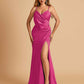 Sexy Satin Sheath Bridesmaid Dresses Spaghetti Straps V-neck Side Slit Floor Length