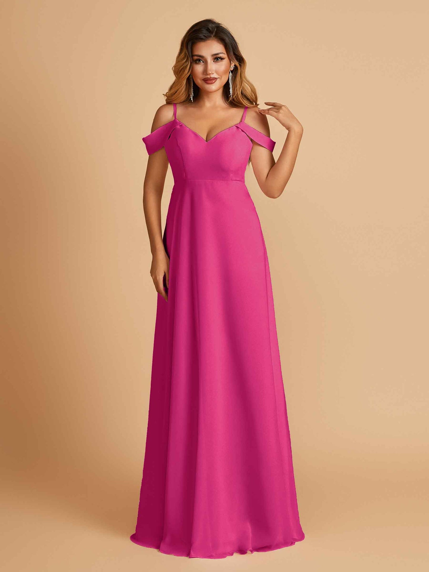 Chiffon Off-shoulder Long Bridesmaid Dresses V-neck Floor Length A-line