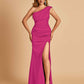 Satin One-shoulder Bridesmaid Dresses Mermaid Side Slit Sleeveless Floor Length