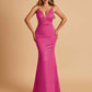 Satin Deep V-neck Mermaid Prom Dresses Open Back Floor Length