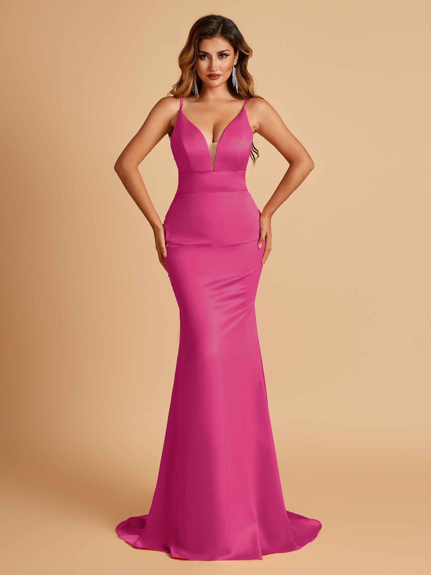 Satin Deep V-neck Mermaid Prom Dresses Open Back Floor Length