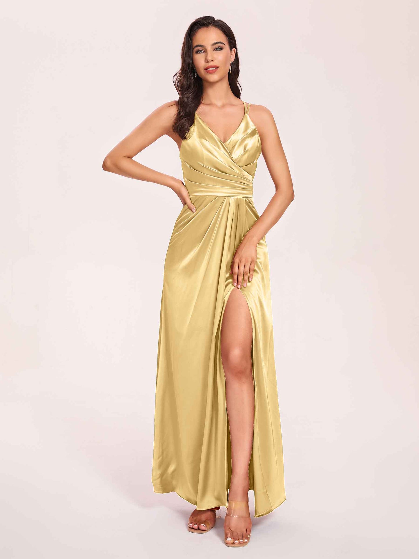 Sexy Satin A-line Bridesmaid Dresses Spaghetti Straps Side Slit V-neck Floor Length