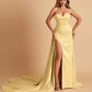 Sexy Satin Sheath Bridesmaid Dresses Spaghetti Straps Sweetheart Side Slit With Train