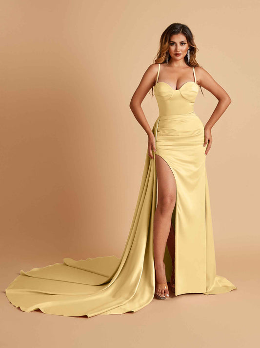 Sexy Satin Sheath Bridesmaid Dresses Spaghetti Straps Sweetheart Side Slit With Train