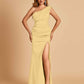 Satin One-shoulder Prom Dresses Mermaid Side Slit Sleeveless Floor Length