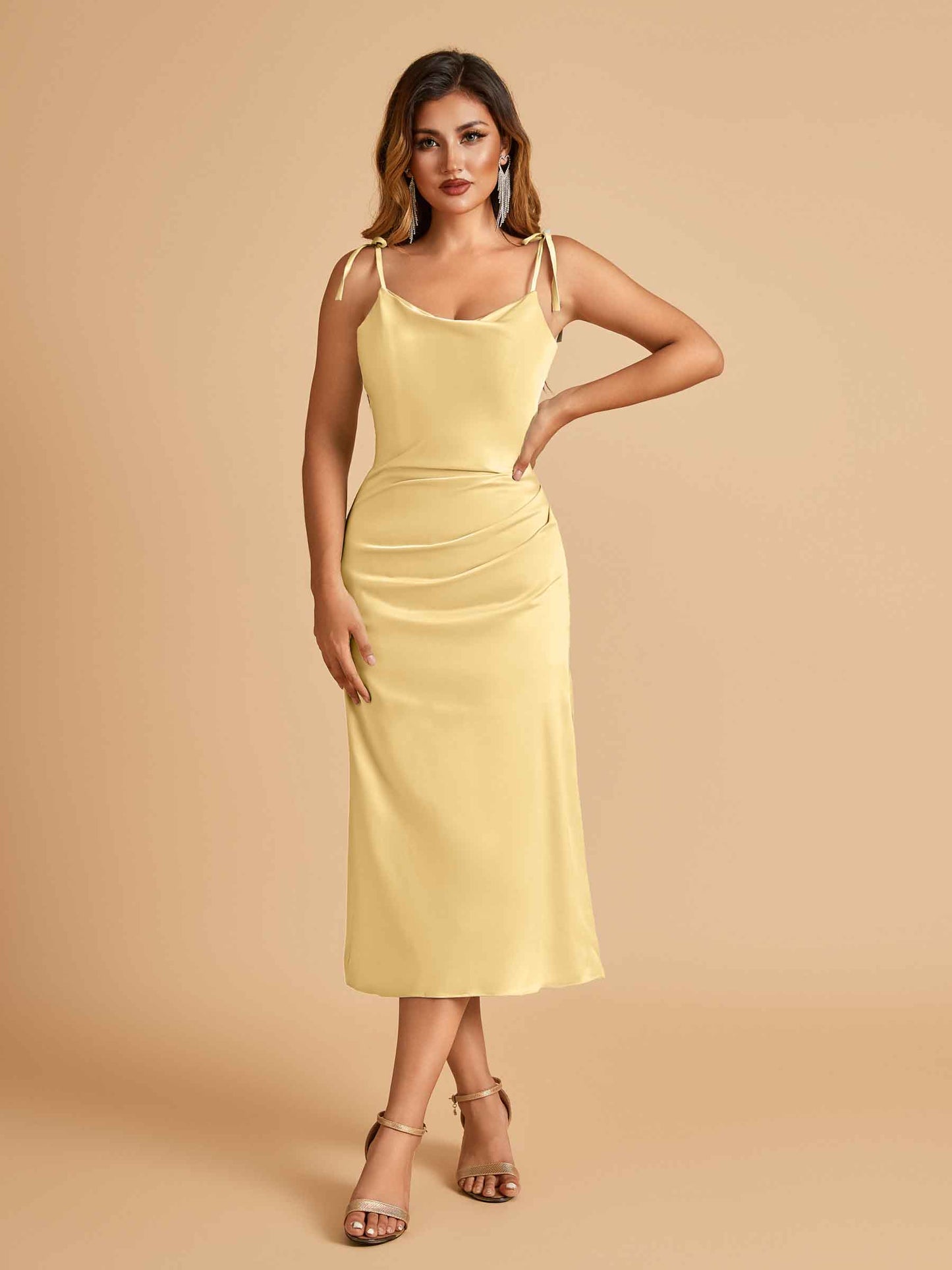 Sexy Satin Midi Bridesmaid Dresses Spaghetti Straps Slip Scoop Side Slit