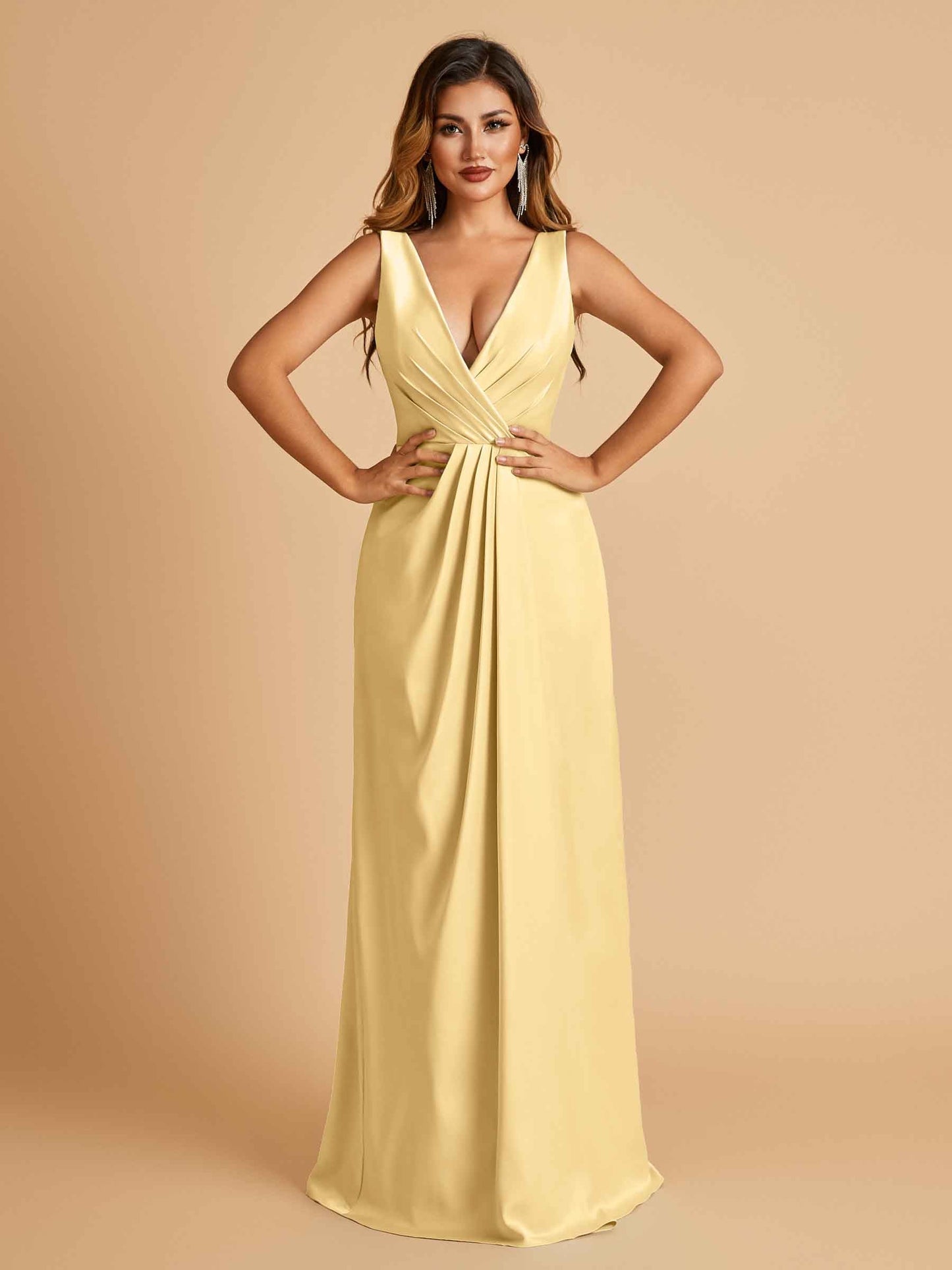 Sexy Satin Deep V-neck Long Prom Dresses A-line Pleats Sleeveless Floor Length