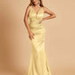 Sexy Satin Criss-cross Back Prom Dresses Mermaid Deep V-neck Back Pleats Floor Length