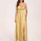 Satin Spaghetti Straps A-line Bridesmaid Dresses Side Slit Floor Length
