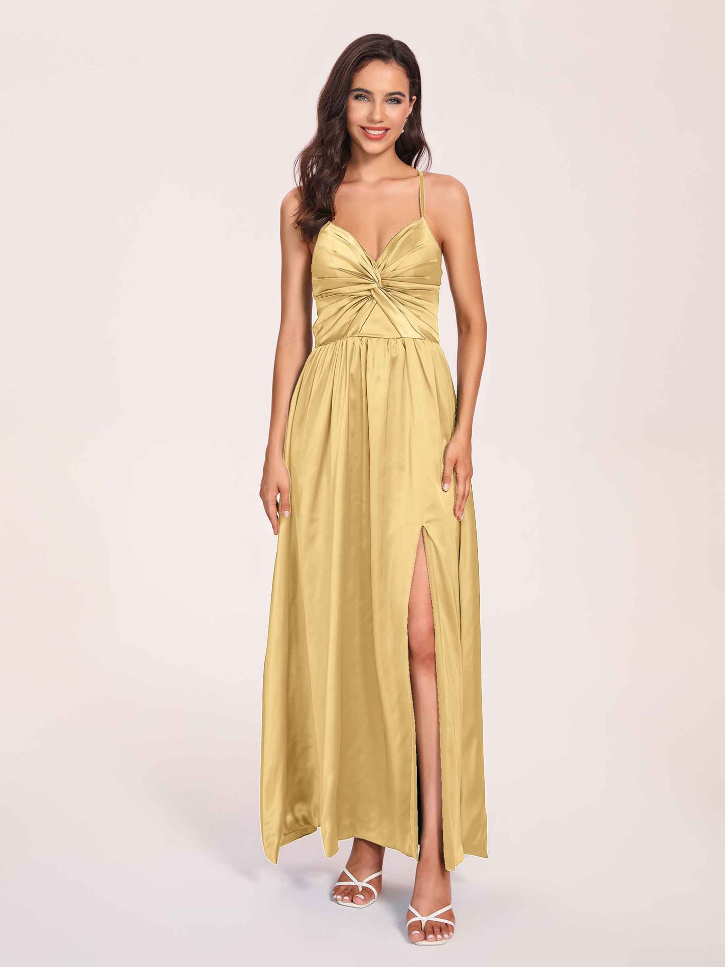 Satin Spaghetti Straps A-line Bridesmaid Dresses Side Slit Floor Length