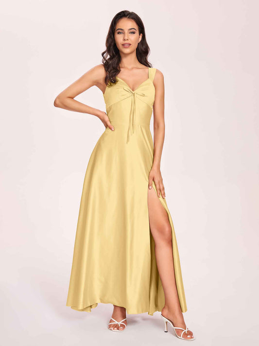 Satin V-neck A-line Bridesmaid Dresses Side slit Floor Length