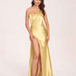 Sexy Satin One-shoulder Prom Dresses Side Slit Sheath Floor Length Long