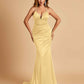 Satin Mermaid Open-back Prom Dresses Spaghetti Straps V-neck With Pleats Floor Length