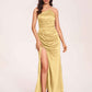 Satin Halter Pleats Sheath Prom Dresses Side-Slit Floor Length Sleeveless