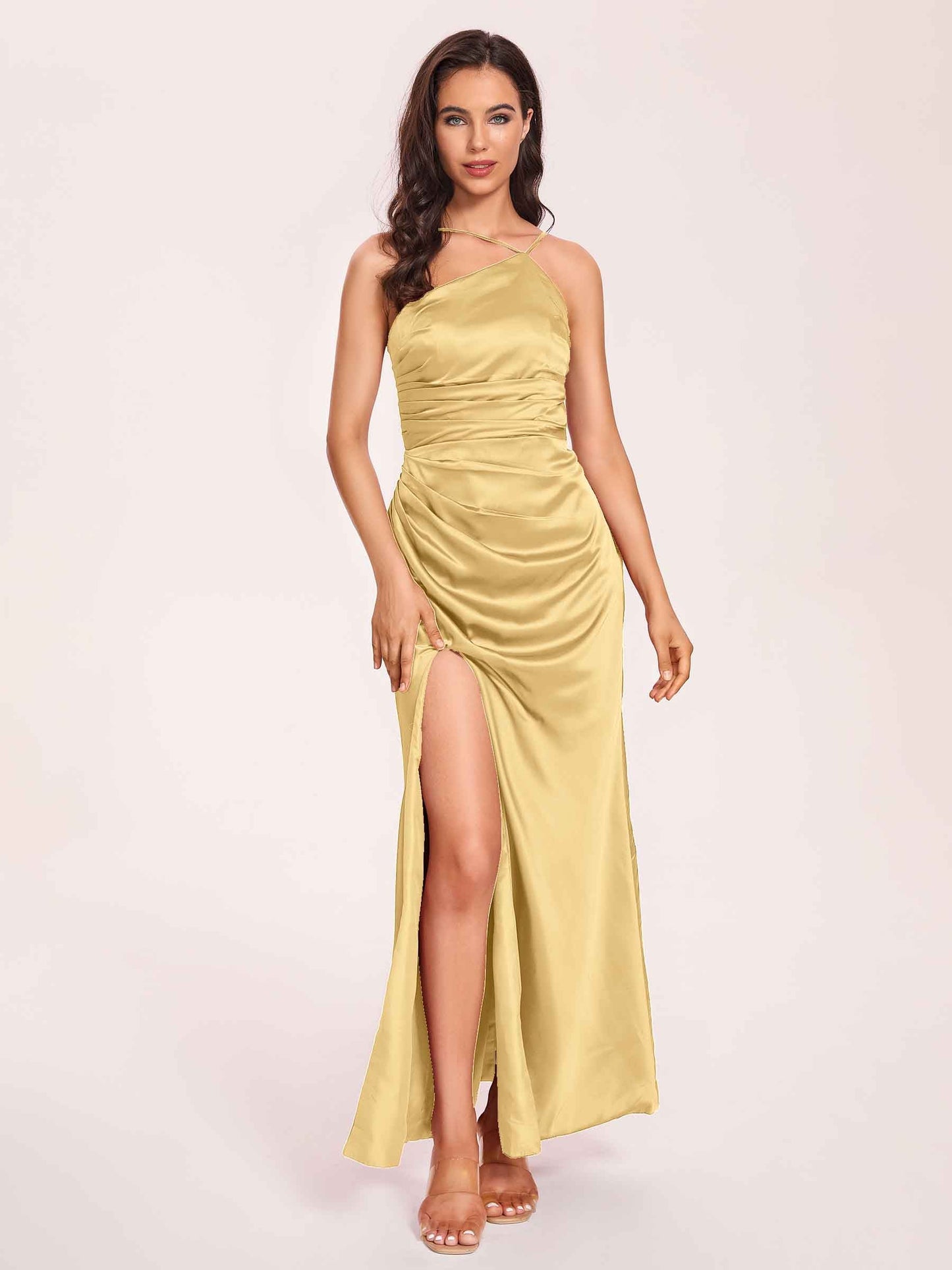 Satin Halter Pleats Sheath Prom Dresses Side-Slit Floor Length Sleeveless