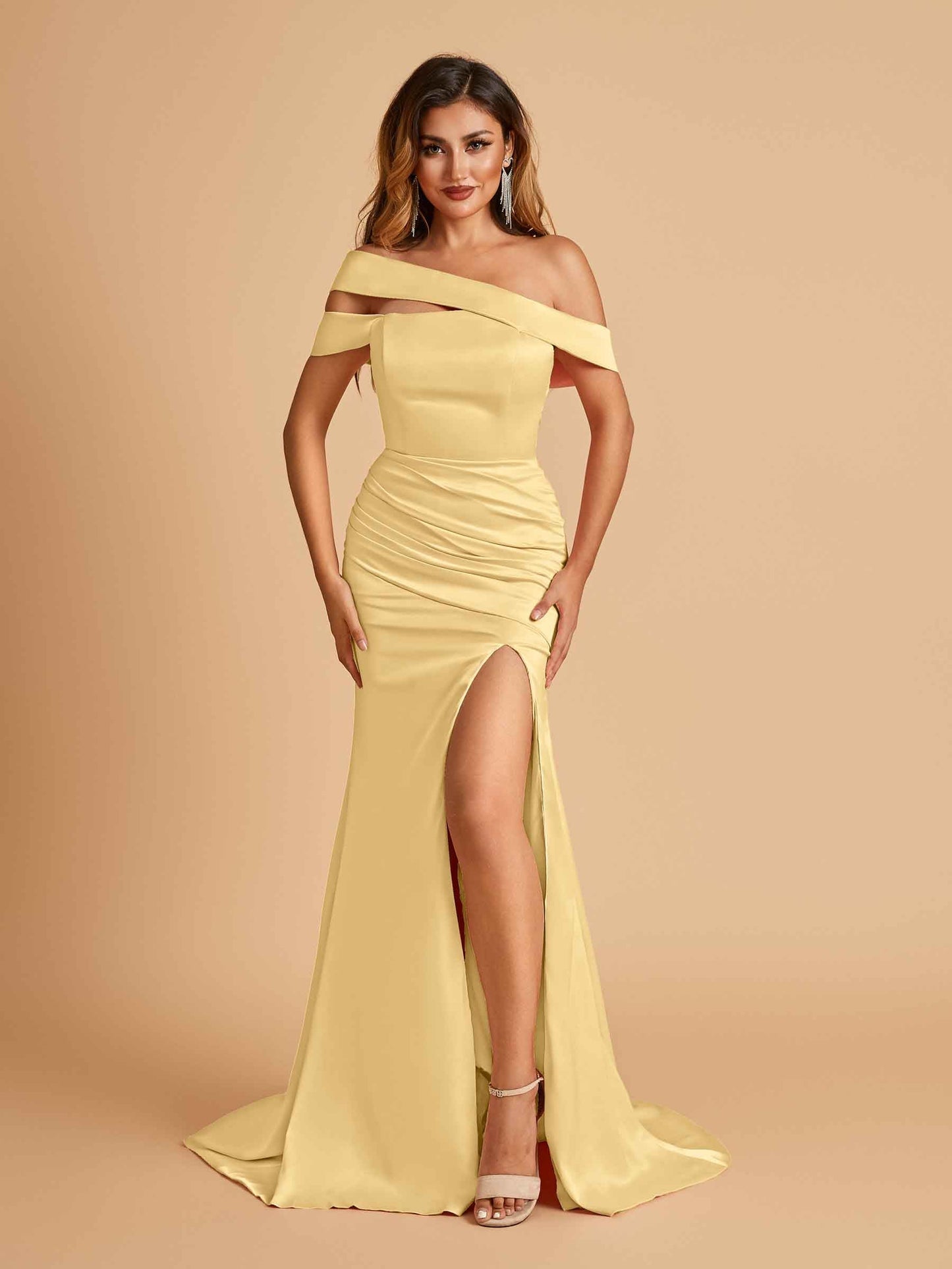 Unique Satin Mermaid Prom Dresses With Off Shoulder Straps Side Slit Floor Length