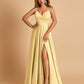 Satin A-line Long Prom Dresses Spaghetti Straps V-neck Side Slit Floor Length