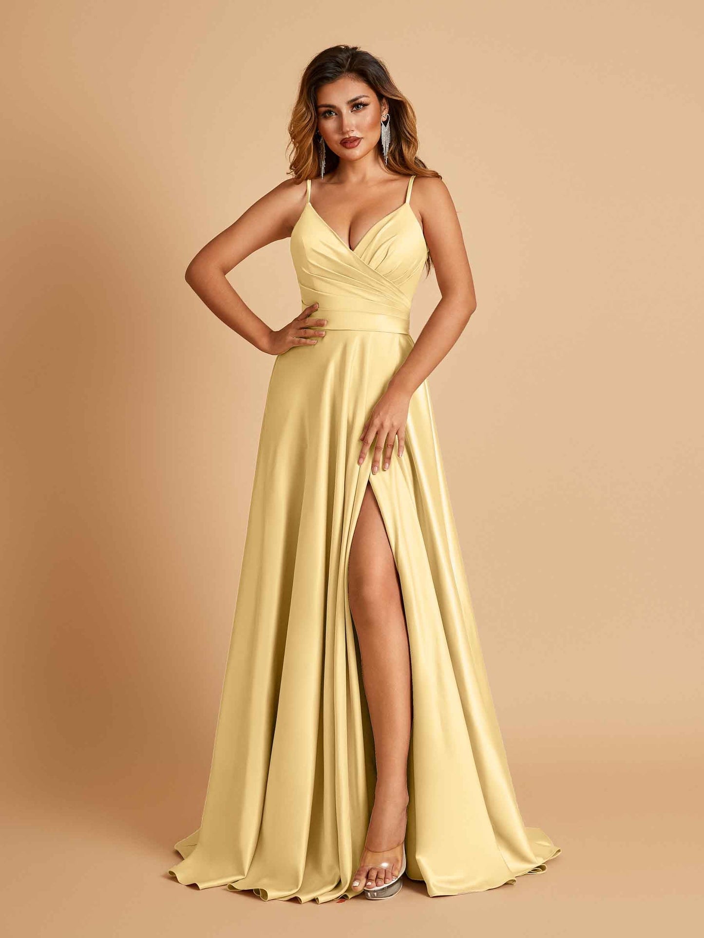 Satin A-line Long Prom Dresses Spaghetti Straps V-neck Side Slit Floor Length