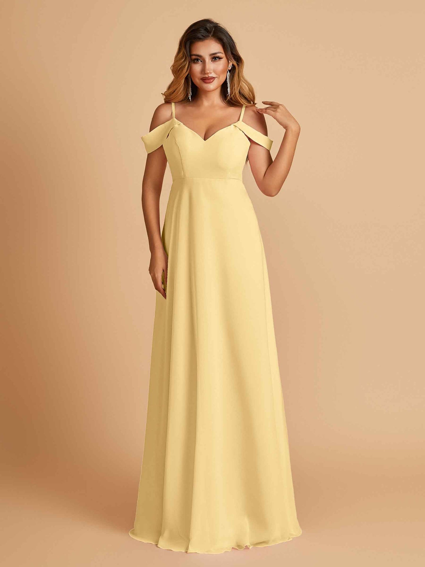 Chiffon Off-shoulder Long Bridesmaid Dresses V-neck Floor Length A-line For Sale