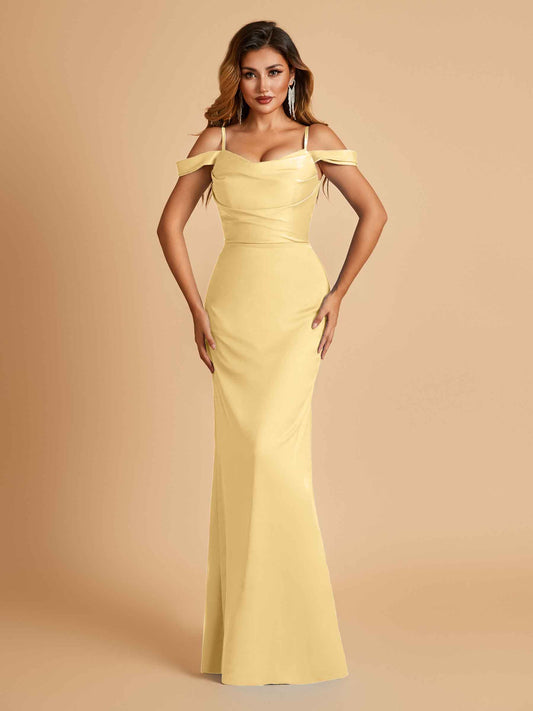 Sexy Off Shoulder Mermaid Long Bridesmaid Dresses Satin Spaghetti Straps Floor Length