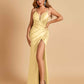Sexy Satin Spaghetti Straps Bridesmaid Dresses V-neck Side Slit Pleats Floor Length Sheath