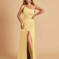 Satin One Shoulder Sheath Prom Dresses Spaghetti Straps Side Slit Floor Length