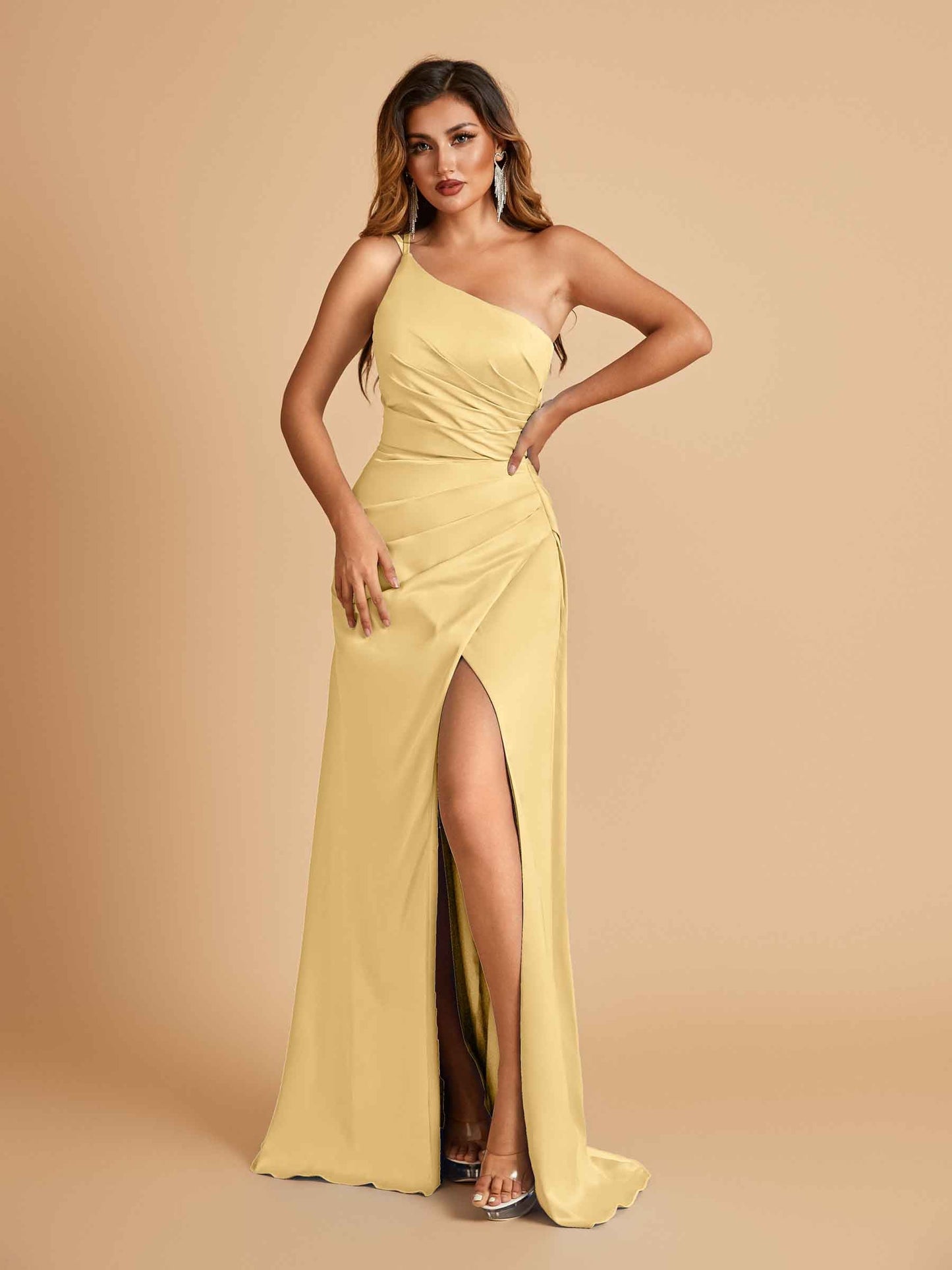 Satin One Shoulder Sheath Prom Dresses Spaghetti Straps Side Slit Floor Length