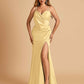 Sexy Satin Sheath Prom Dresses Spaghetti Straps V-neck Side Slit Floor Length