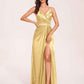 Sexy Satin A-line Prom Dresses Spaghetti Straps Side Slit V-neck Floor Length