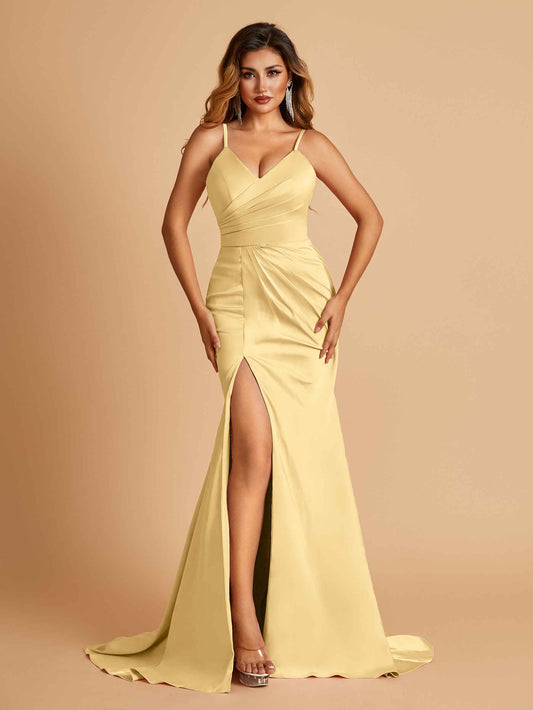 Sexy Mermaid Bridesmaid Dresses Spaghetti Straps Satin Side Slit Pleats Floor Length