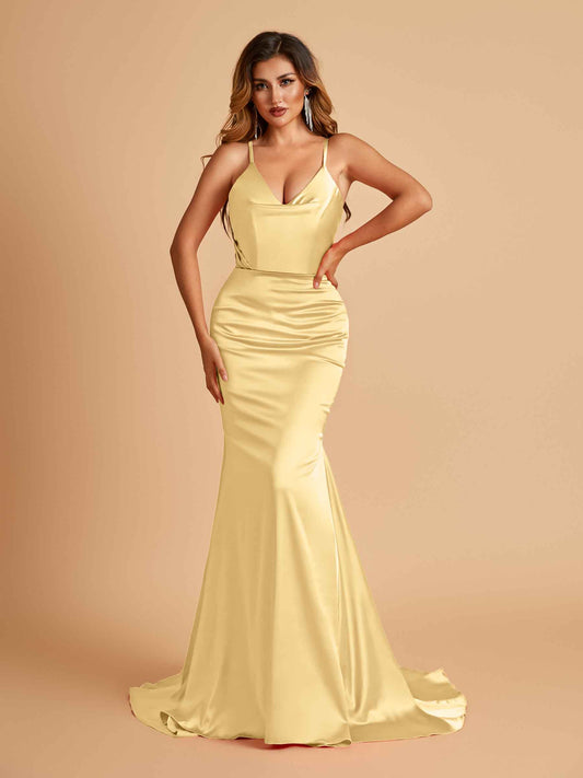 Sexy Satin Mermaid Bridesmaid Dresses Spaghetti Straps V-neck Pleats Floor Length