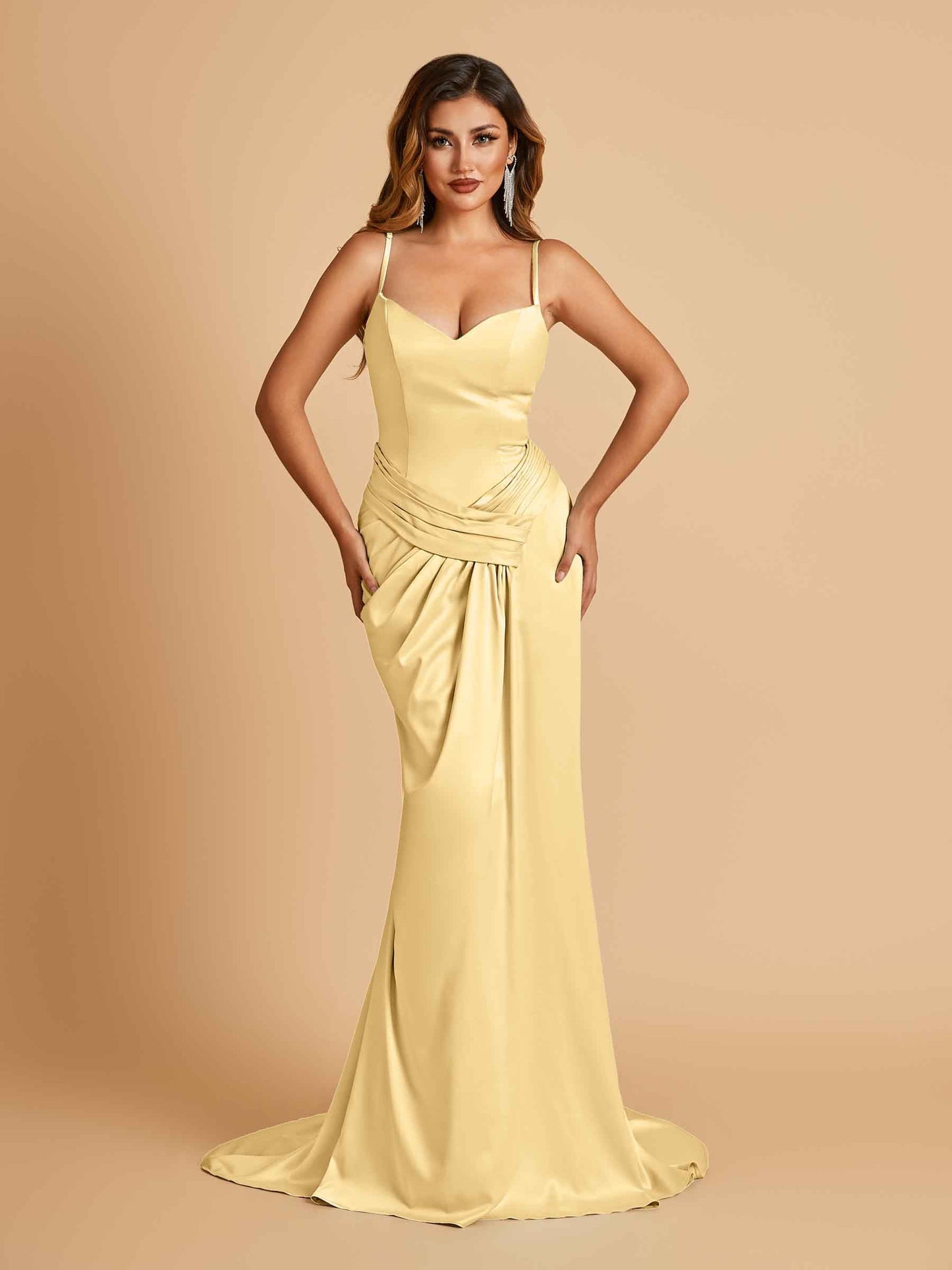 Satin Mermaid Sweetheart Prom Dresses Spaghetti Straps With Pleats Floor Length