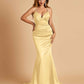 Satin Mermaid V-neck Prom Dresses Spaghetti Straps Floor Length
