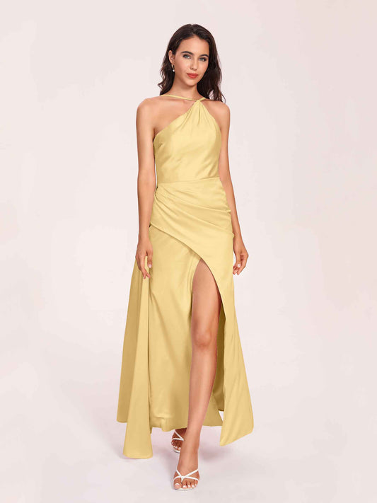 Sexy Satin Halter Strap Sheath Bridesmaid Dresses Side Slit Pleats Floor Length