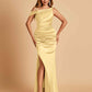Unique Satin One Shoulder Bridesmaid Dresses Side Slit Half Open Back Floor Length