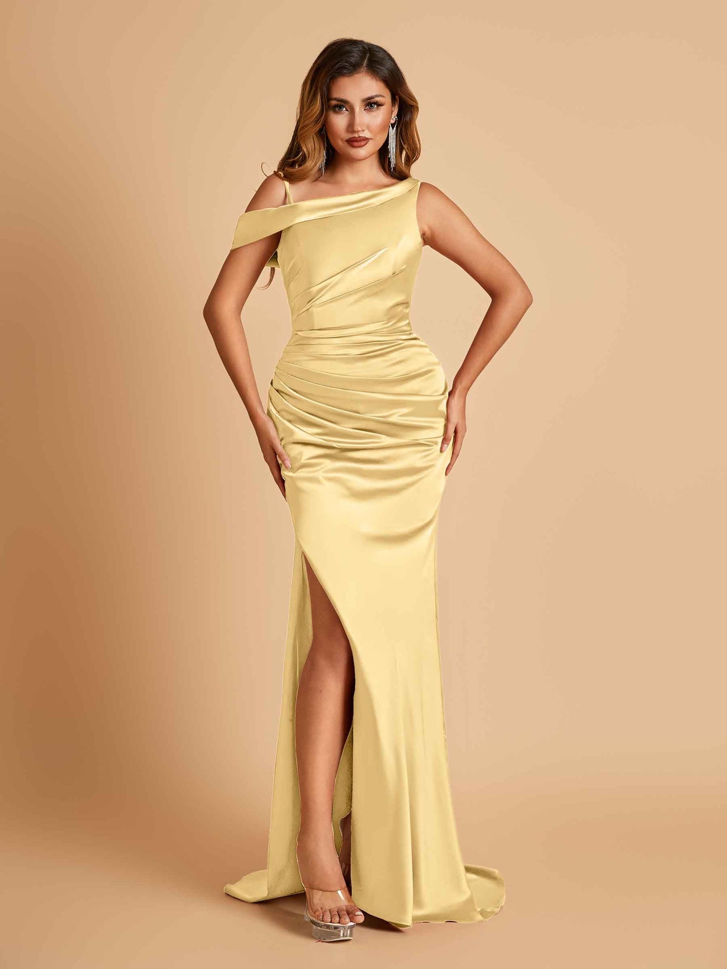 Unique Satin One Shoulder Prom Dresses Side Slit Half Open Back Floor Length