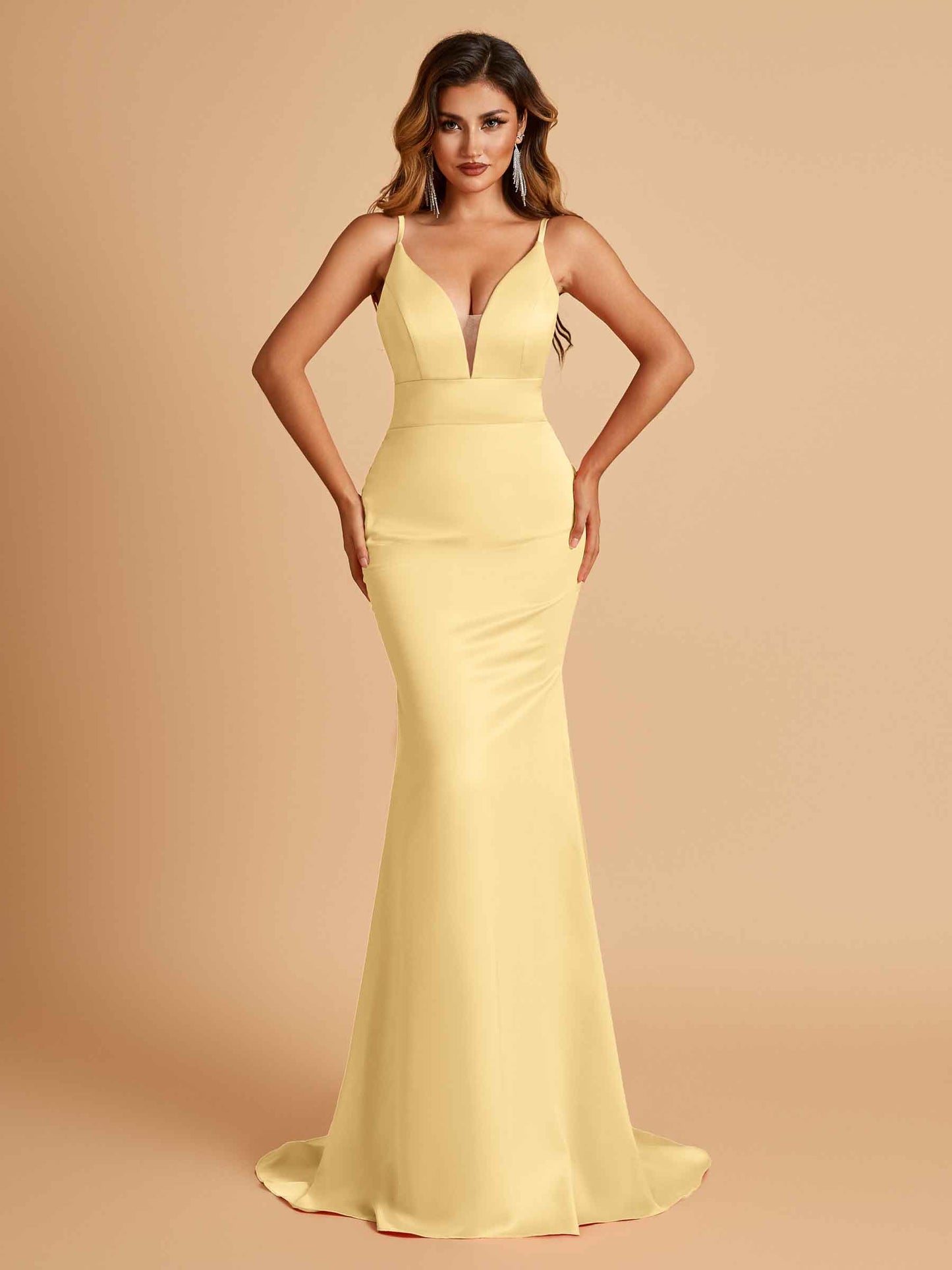 Satin Deep V-neck Mermaid Bridesmaid Dresses Open Back Floor Length