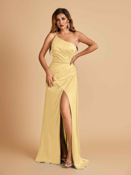 Satin One Shoulder Sheath Bridesmaid Dresses Spaghetti Straps Side Slit Floor Length