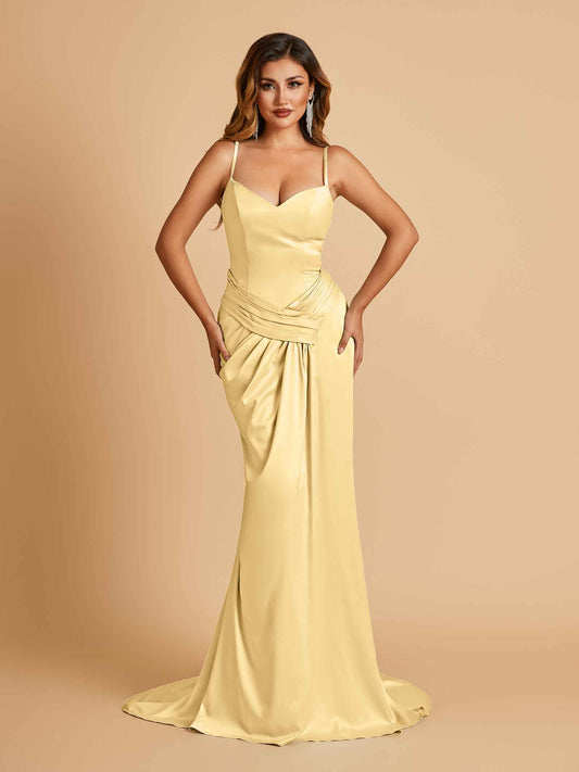 Satin Mermaid Sweetheart Bridesmaid Dresses Spaghetti Straps With Pleats Floor Length