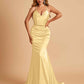 Sexy Satin Mermaid Prom Dresses Spaghetti Straps V-neck Pleats Floor Length