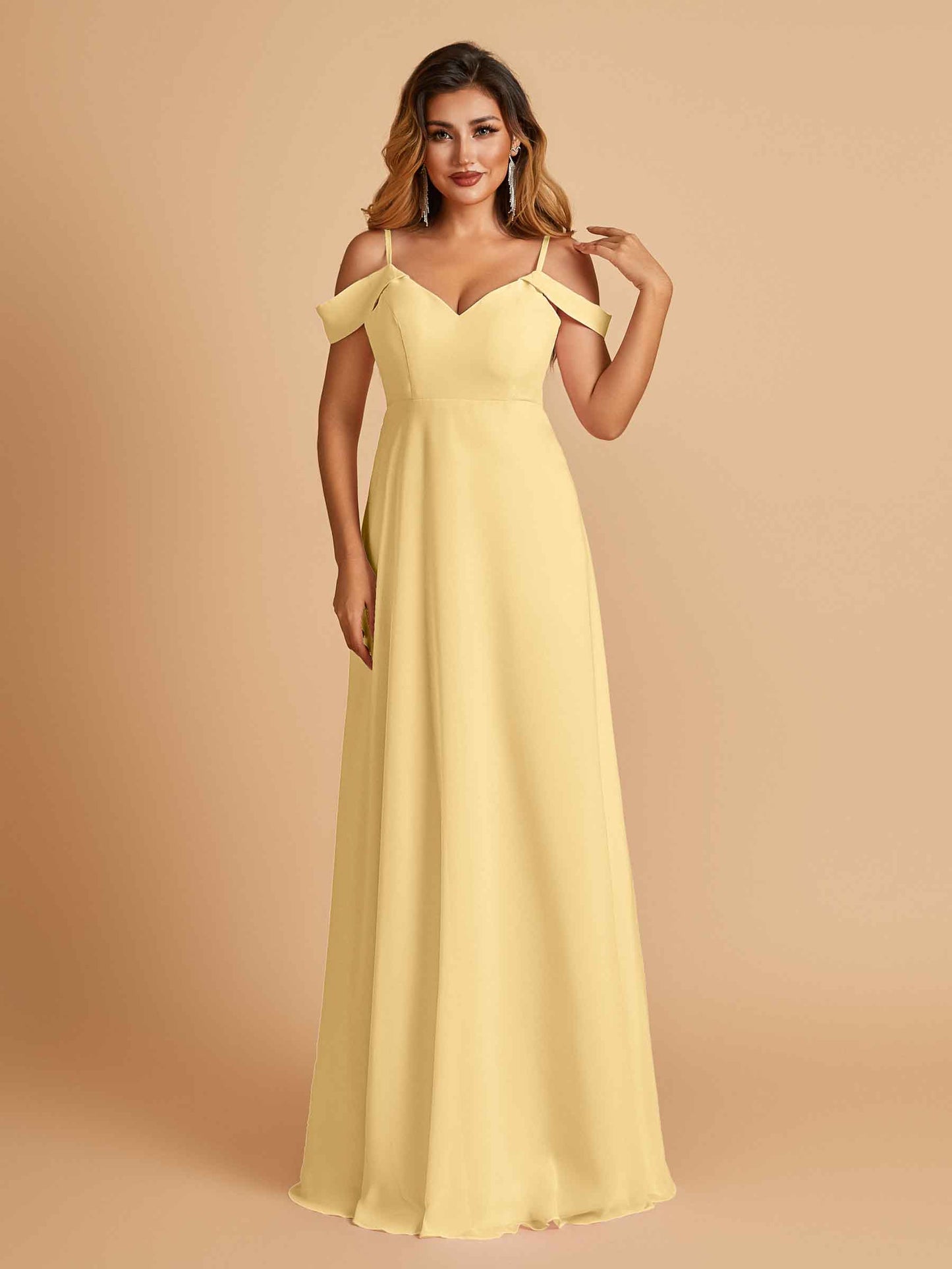 Chiffon Off-shoulder Long Bridesmaid Dresses V-neck Floor Length A-line
