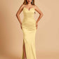 Satin Mermaid Long Bridesmaid Dresses Spaghetti Straps V-neck Side Slit Floor Length
