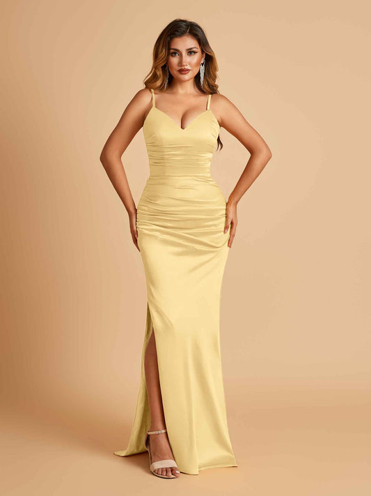 Satin Mermaid Long Bridesmaid Dresses Spaghetti Straps V-neck Side Slit Floor Length