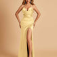 Sexy Satin Halter Straps Sheath Prom Dresses Side Slit Pleats Floor Length