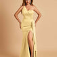 Satin One Shoulder Mermaid Bridesmaid Dresses Side Slit Floor Length