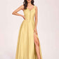 Satin V-neck A-line Prom Dresses Side slit Floor Length